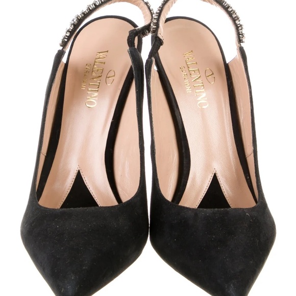 Valentino Suede Crystal Embellishments Slingback Pumps - Picture 3 of 9